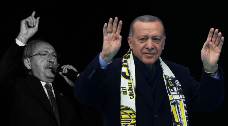 Kilicdaroglu i bakgrunden och Erdogan i förgrunden.